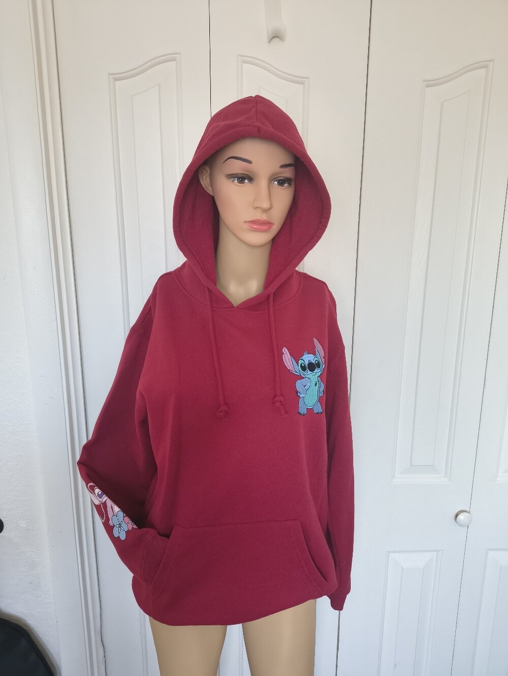 Disney Lilo & Stitch Maroon Pullover Hoodie Chest Graphic Floral Sleeve Print